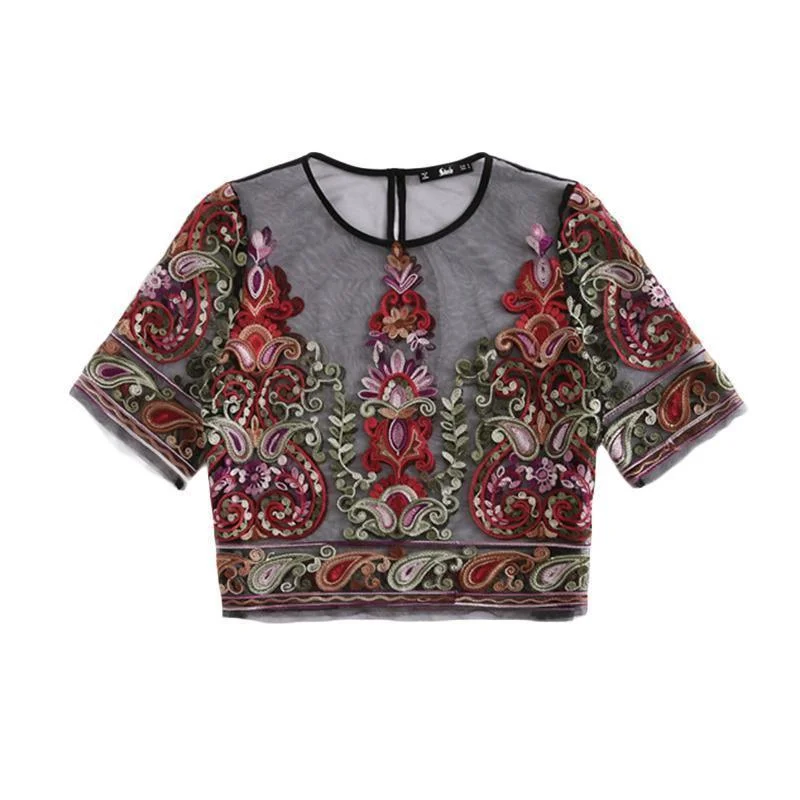 Flower Embroidery  Crop Top Women Top Sexy Vintage Blouse