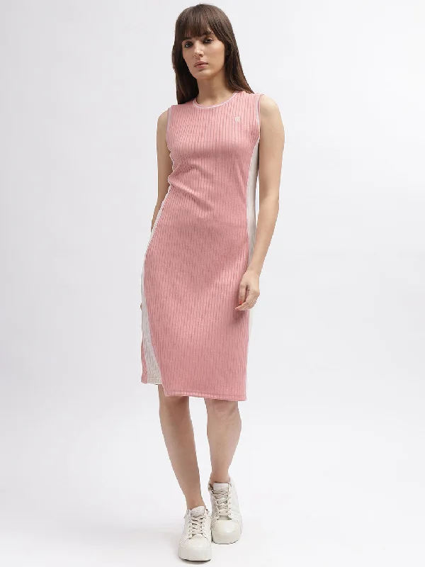 Iconic Women Pink Striped Round Neck Sleeveless Dress