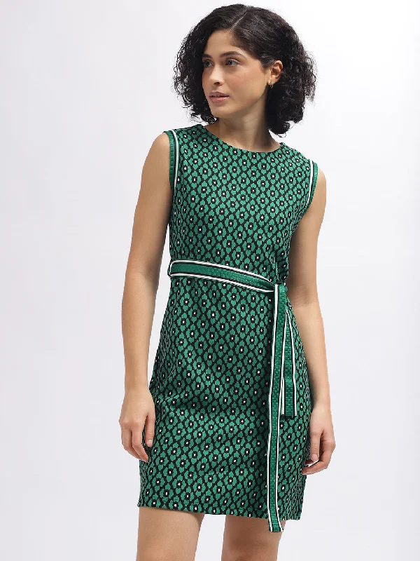 Iconic Women Green Printed Round Neck Sleeveless Dress