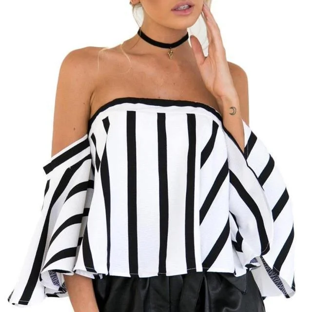 Ladies Crop Top Striped Casual Off the Shoulder Women Blouse