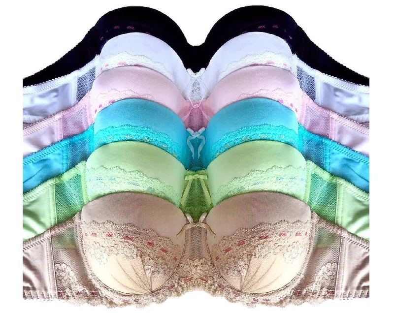 Half Semi-Sheer Lace & Colorful Trim Bras