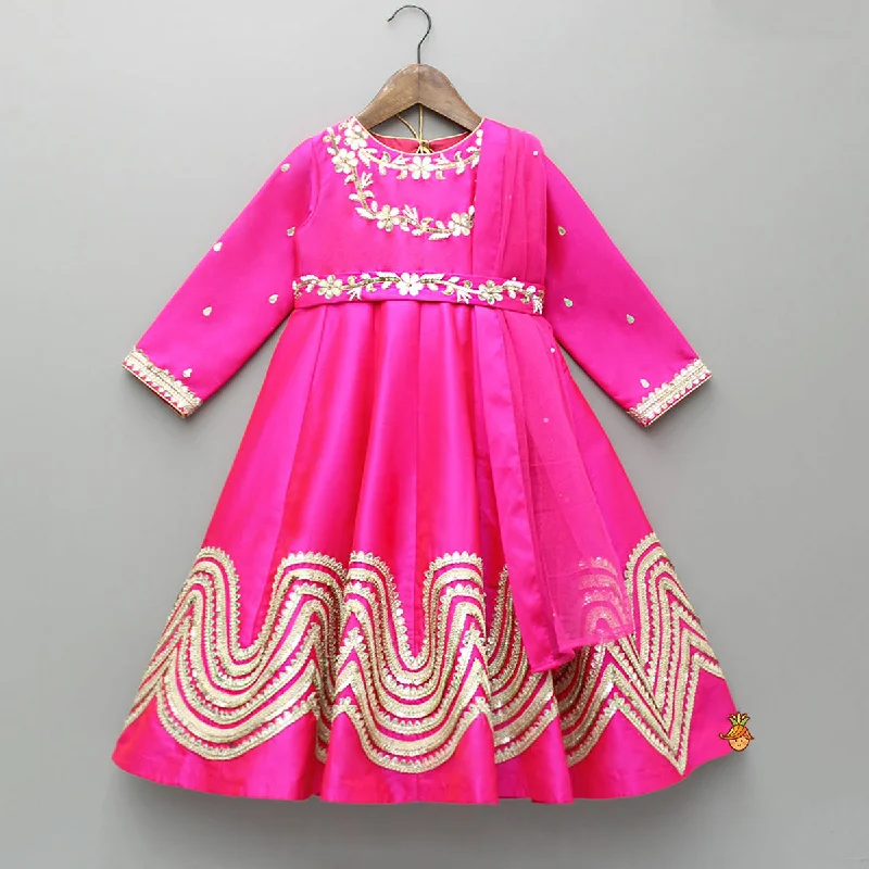 Embroidered Gota Lace Work Pink Anarkali With Attached Dupatta