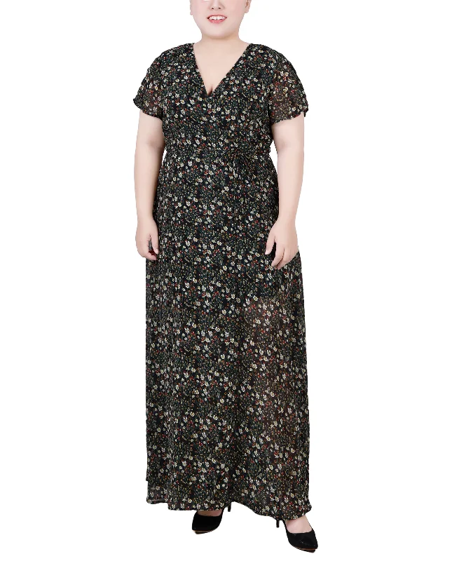 Plus Size Short Sleeve Tie Closure Wrap Chiffon Maxi Dress