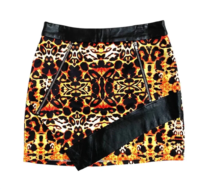 Women's Animal Print A Line With Faux Leather Trim Zippers Mini Skirt In Multicolor