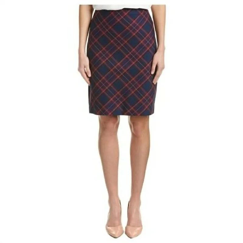 Crissy Pencil Tartan Plaid Midi Skirt In Navy Blue, Pink