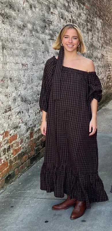 Cosette One Size Maxi Dress Brown Gingham