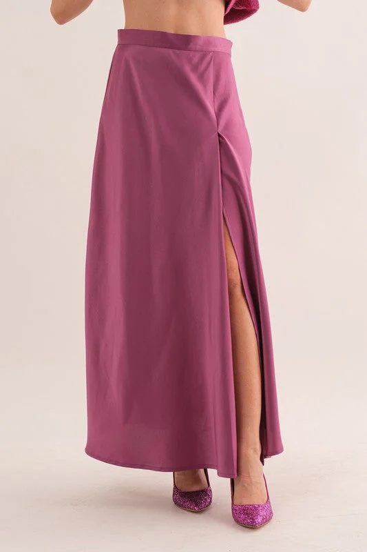 PURPLE SATIN SIDE SLIT MAXI SKIRT BIC60850