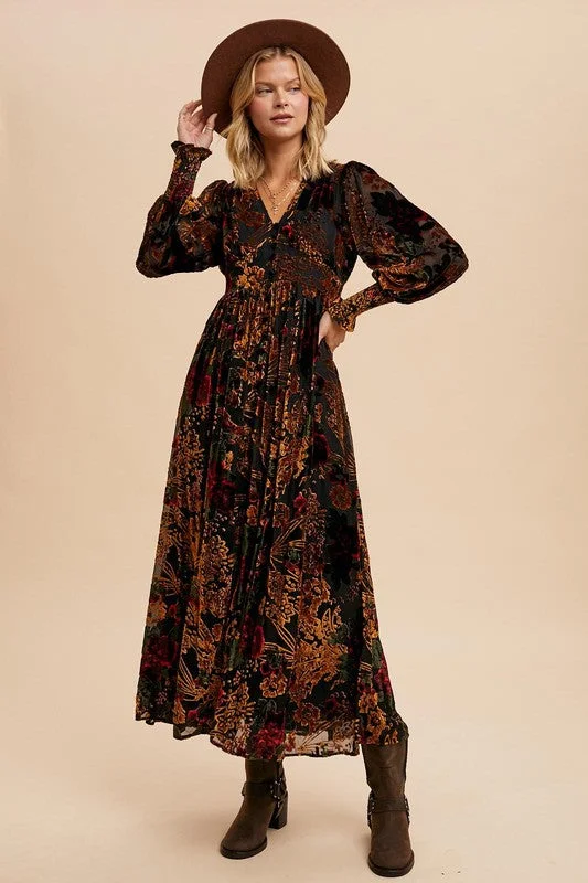 VERONICA VELVET BURNOUT BUTTON DOWN MAXI DRESS