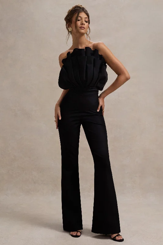 Nicia | Black Ruffled Strapless Flared-Leg Jumpsuit