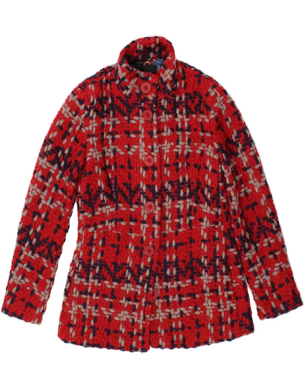 DESIGUAL Womens Overcoat EU 38 Medium Red Check Polyester