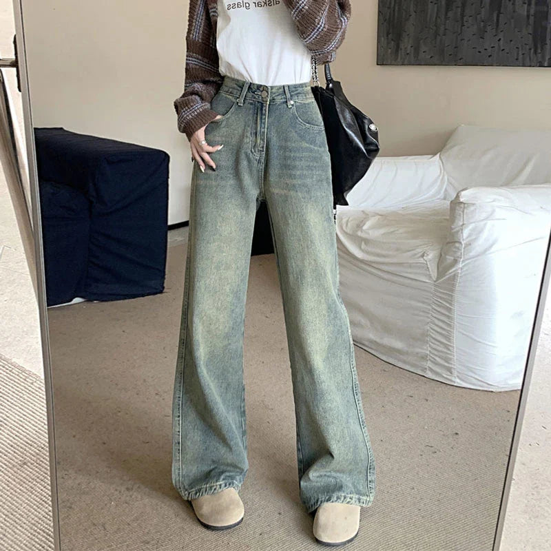 Size Nostalgia Wide Leg Jeans Women American High Waist Pear Loose Covered Meat Dragging Vintage Straight Pants Jeans