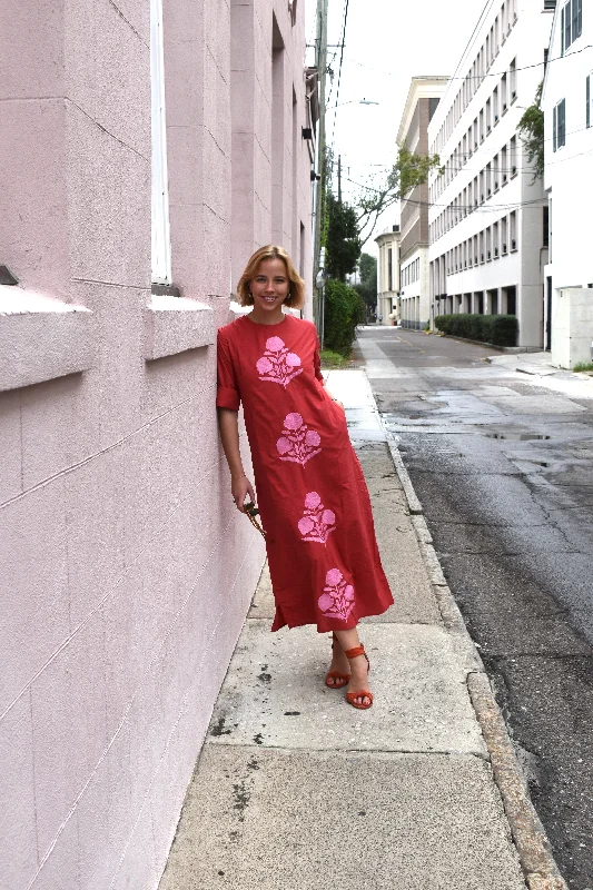 Anne Maxi Dress Cuff Sleeve Red with Pink