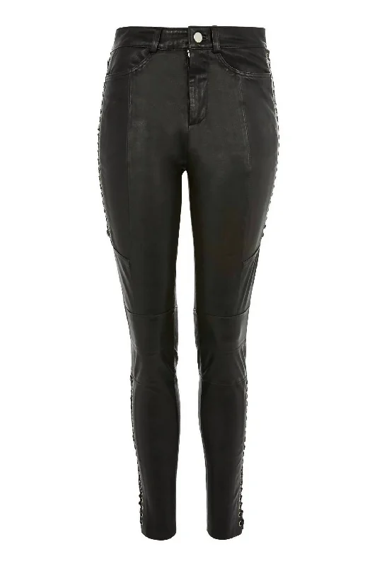 Lace Up Biker 100% Leather Skinny Pants In Black