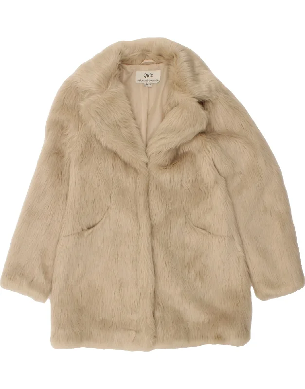 QUIZ Womens Faux Fur Overcoat UK 10 Small Beige Modacryl