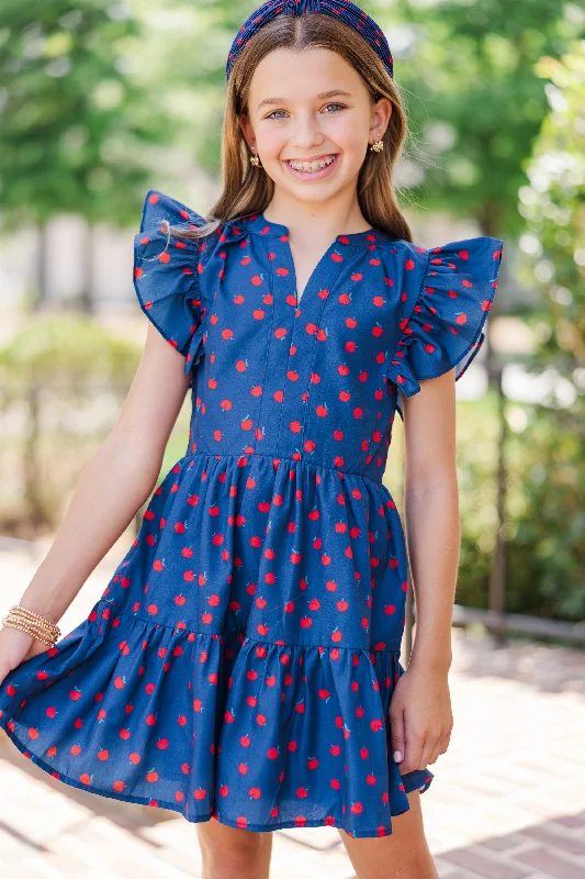 Girls: At This Time Navy Blue Apple Print Dress