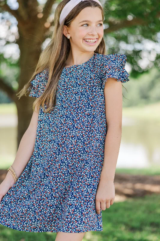 Girls: Beauty Bound Navy Ruffled Sleeve Dress