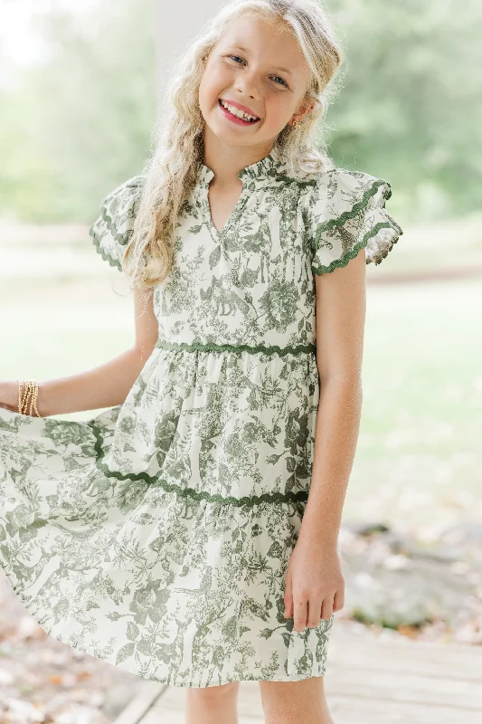 Girls: Come For It Olive Green Toile Babydoll Dress