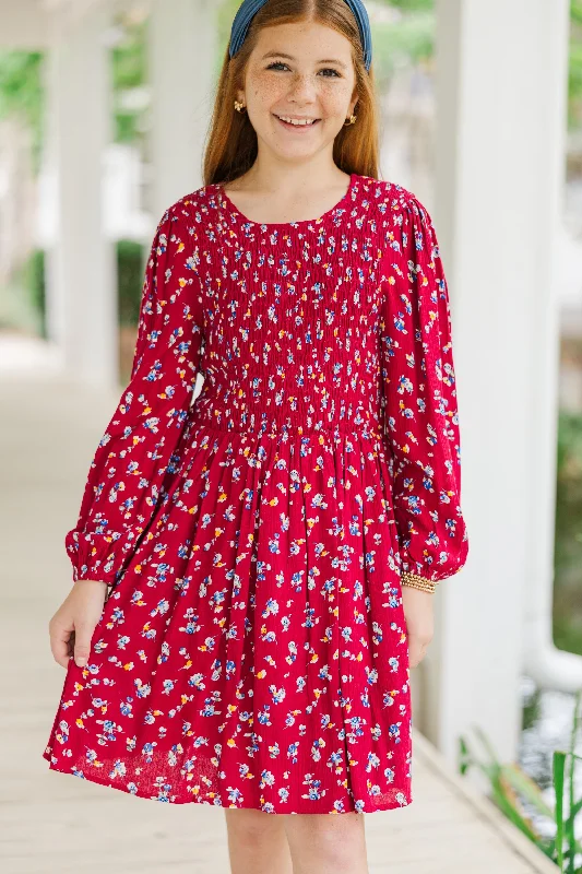 Girls: Getting Close Burgundy Red Ditsy Floral Dress