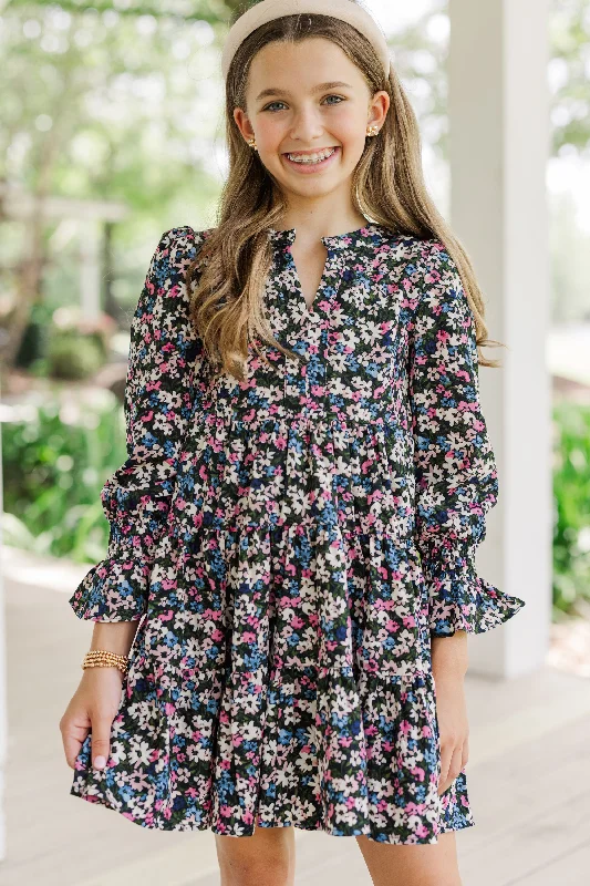 Girls: In Your Happy Place Navy Blue Ditsy Floral Dress