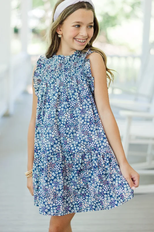 Girls: Longing For Fun Navy Blue Floral Ruffled Dress