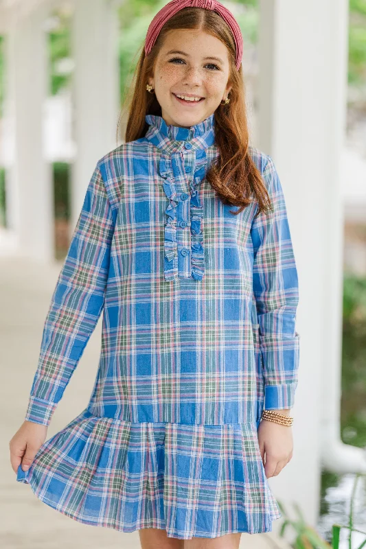 Girls: Looking For You Blue Plaid Babydoll Dress