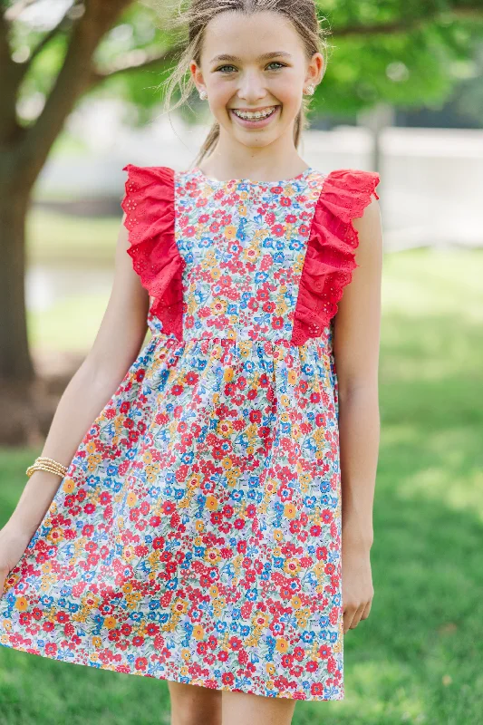 Girls: Quick Learner Red Ditsy Floral Ruffled Dress