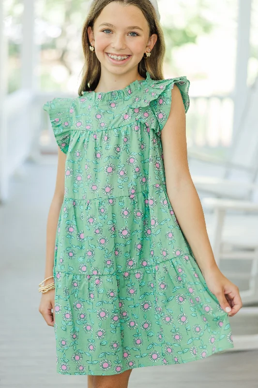 Girls: Sweet Nature Sage Green Floral Babydoll Dress