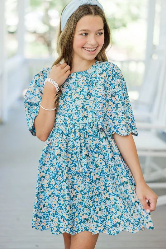 Girls: Right On Time Blue Ditsy Floral Scalloped Dress