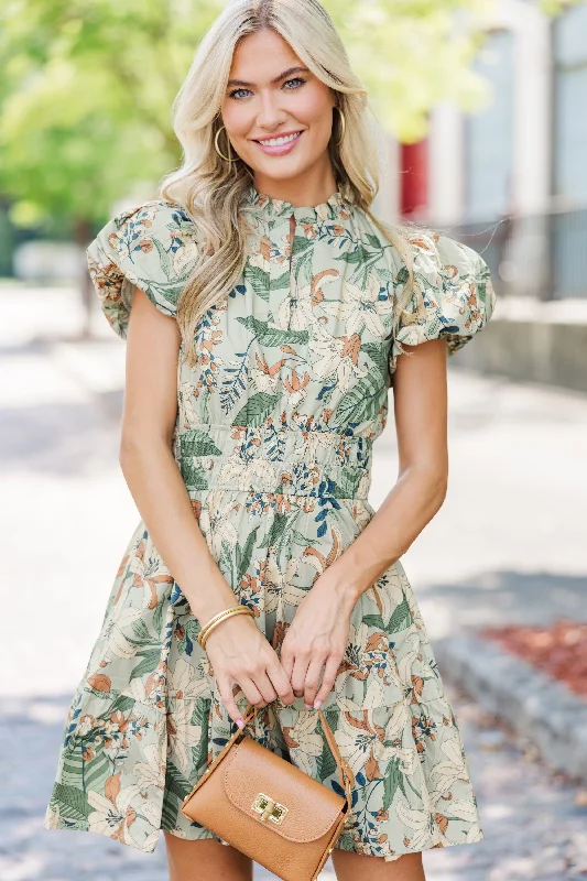 Let's Get Going Sage Green Floral Dress