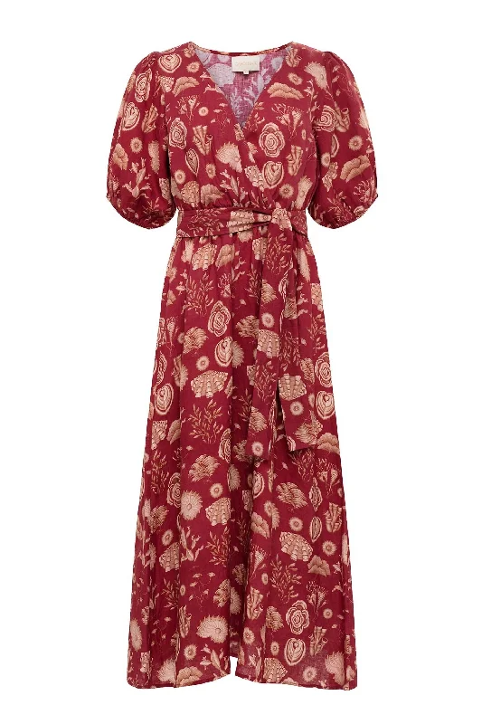 Florita Midi Dress In Corals Burgundy