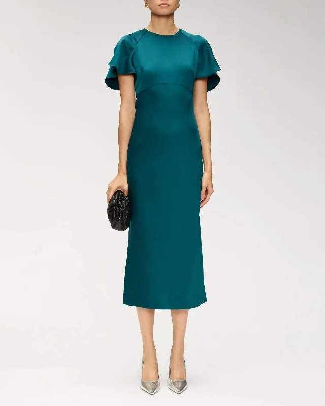 Lyra Petal Sleeve Midi Dress In Dark Teal