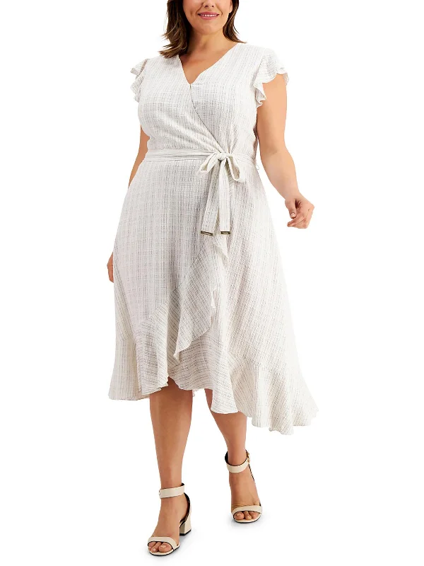 Plus Womens Faux Wrap Midi Wrap Dress