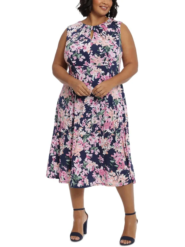 Plus Womens Floral Print Polyester Midi Dress