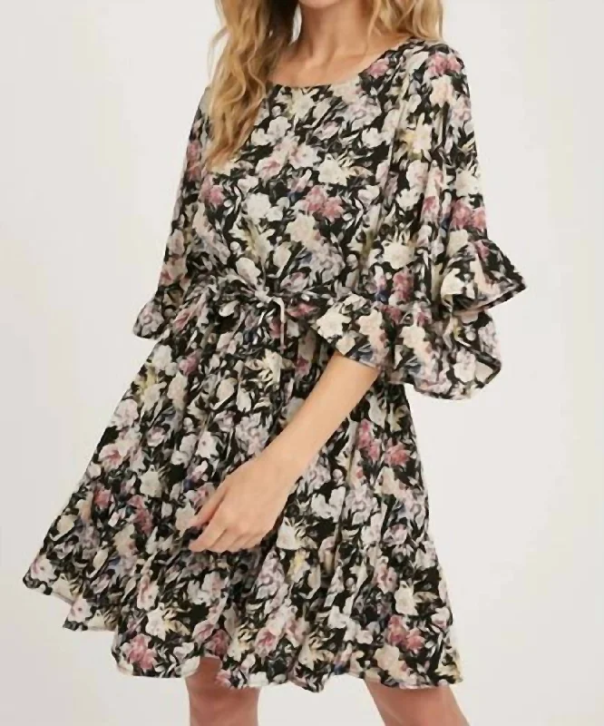 Sheer Floral Tiered Midi Dress In Black