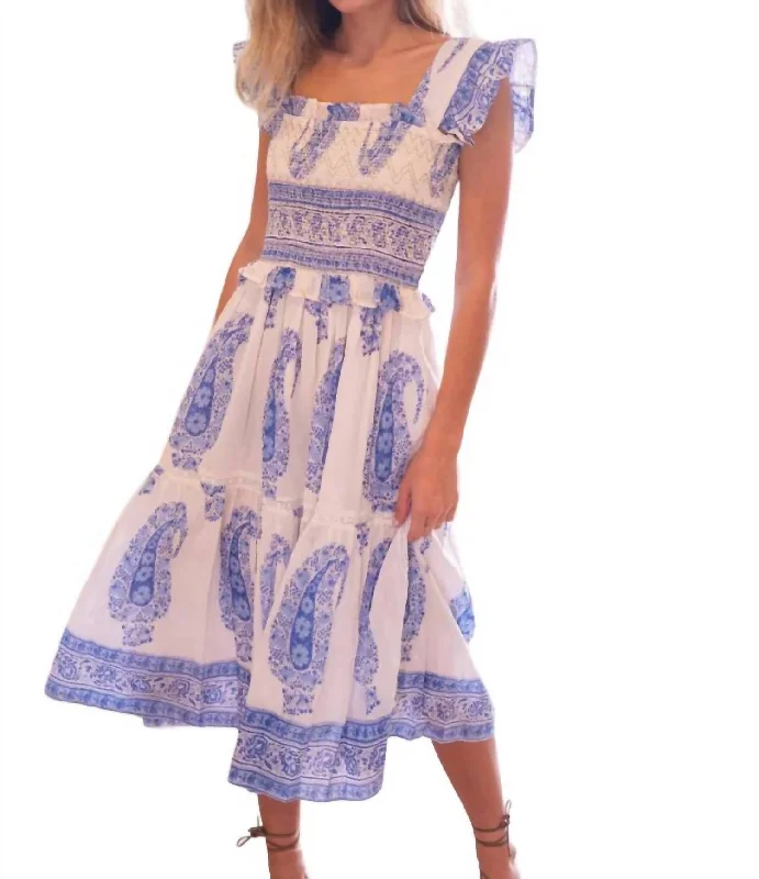 Smocked Midi Dress In Blue/white