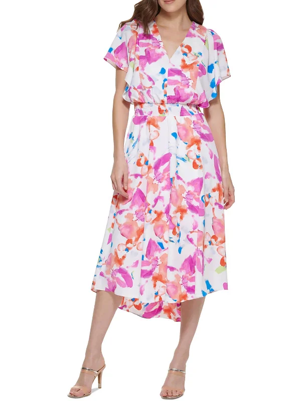 Womens Floral Print Chiffon Midi Dress