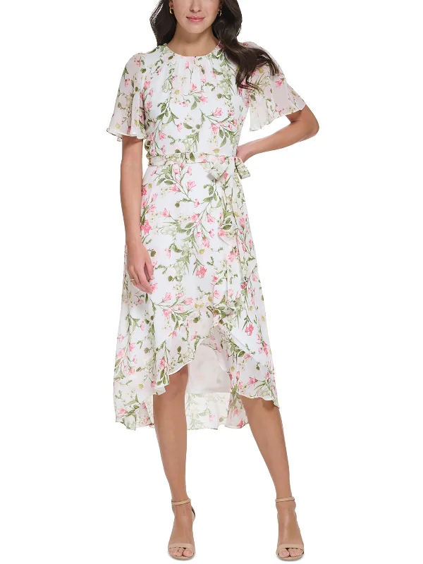 Womens Floral Print Chiffon Midi Dress