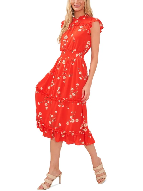 Womens Floral Print Polyester Midi Dress