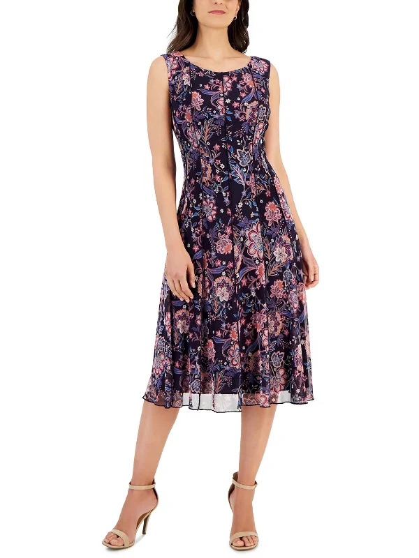 Womens Floral Print Sleeveless Midi Dress