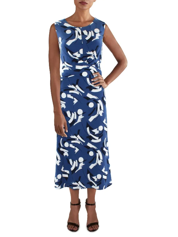 Womens Printed Gathered Midi Dress