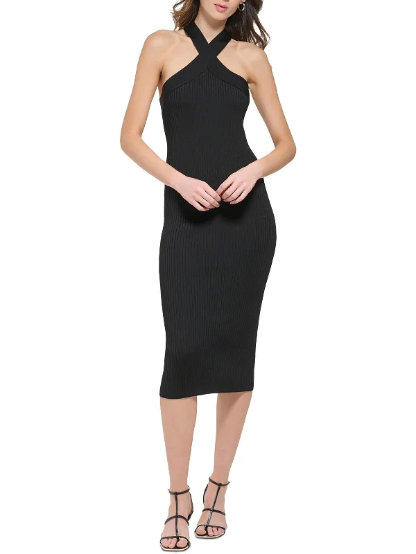 Womens Ribbed Midi Halter Dress