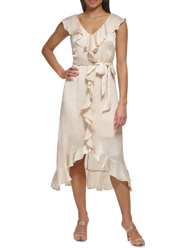 Womens Ruffled Mid Calf Midi Dress