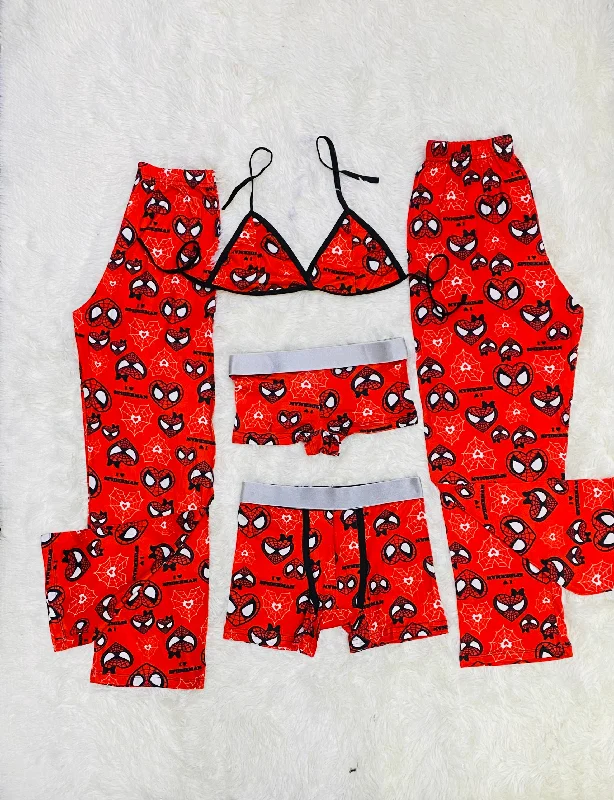 5 pz pajama duo hello kitty-spiderman hearts red background