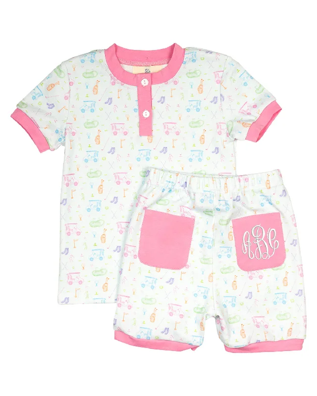 Fairway Fun Short Sleeve Pajama Set with Pink Trim- FINAL SALE