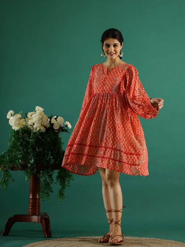 Orange Color Printed Dress for Women