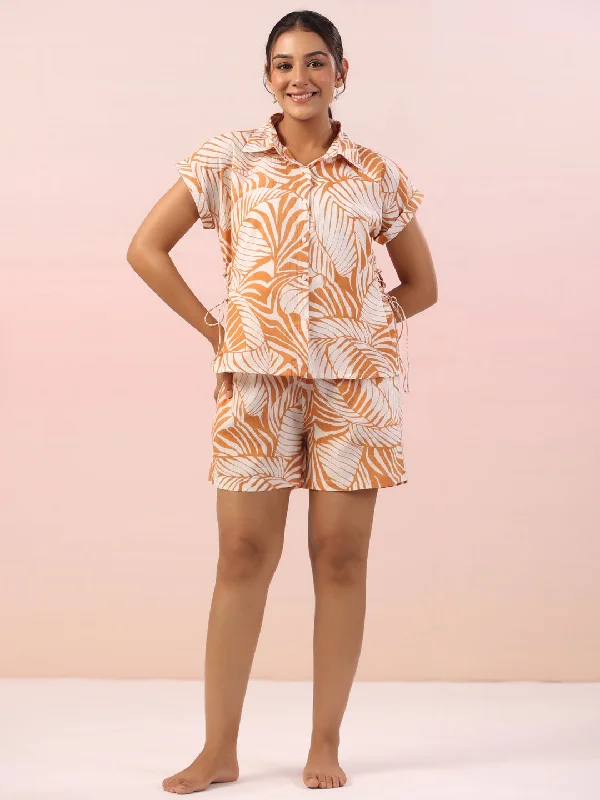 Orange Leaf Printed Night Suit with Shorts