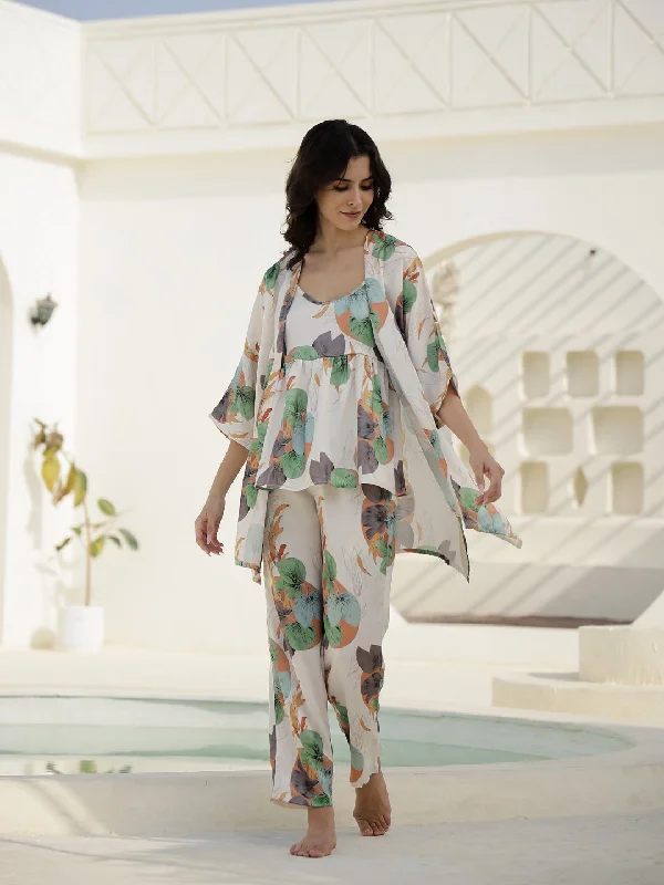 Set of 3 Floral Printed Satin Night Suit Set