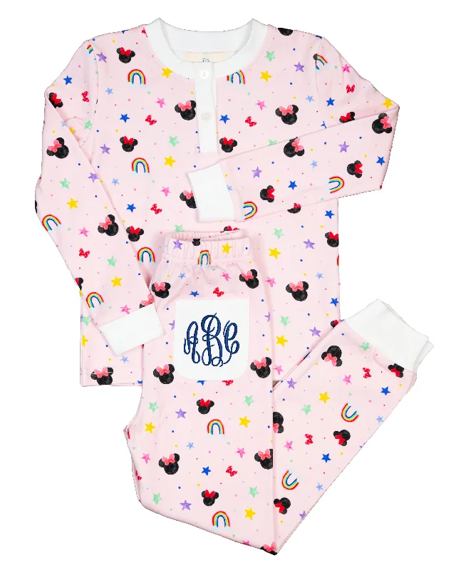 Watercolor Mouse Print Pajama Set In Pink